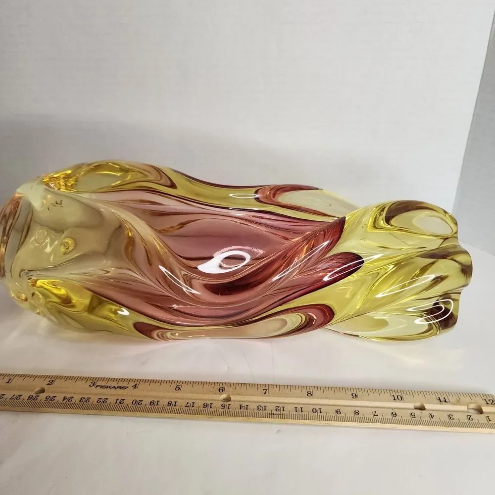 Vintage Hand Made Bohemia Glass Czech Republic Twisted Glass Vase Amber/Pink